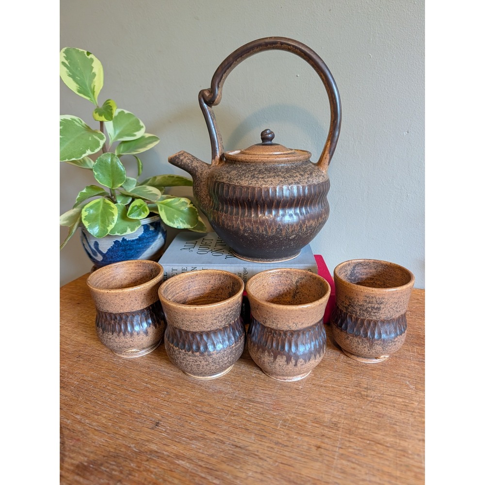 Vintage 1970s Studio Pottery Tea Set Brown Stoneware Teapot and 4 Cups Ribbed